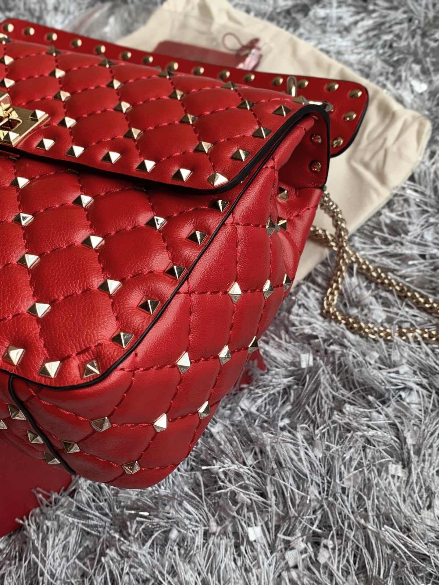 Valentino Garavani Rockstud Spike Medium Chain Bag in Red Supple Lambskin Nappa